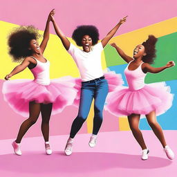 A humorous scene featuring a group of humans dancing in pink tutus