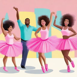 A humorous scene featuring a group of humans dancing in pink tutus