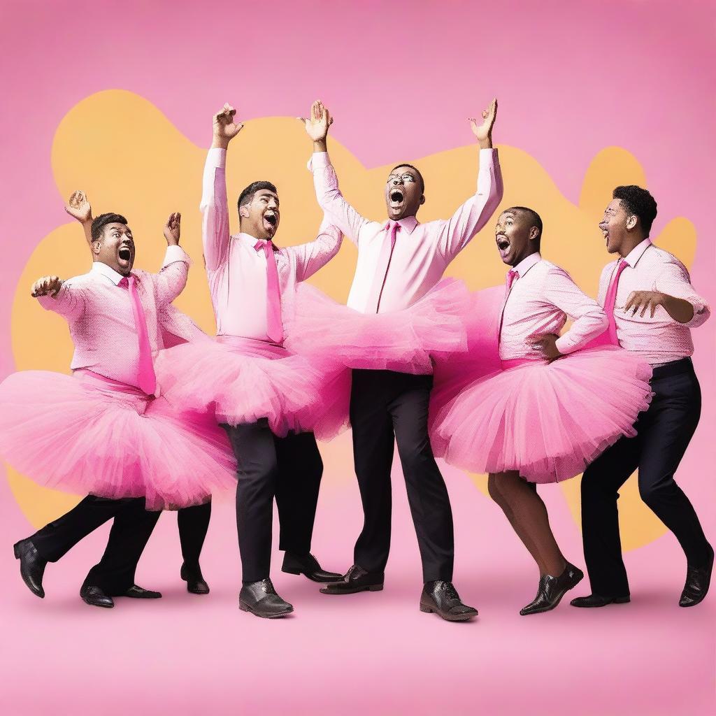 A funny and whimsical scene featuring a group of men dancing in pink tutus