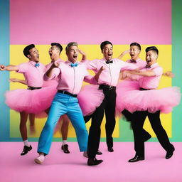 A funny and whimsical scene featuring a group of men dancing in pink tutus