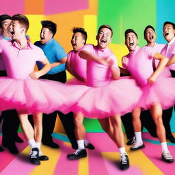 A funny and whimsical scene featuring a group of men dancing in pink tutus