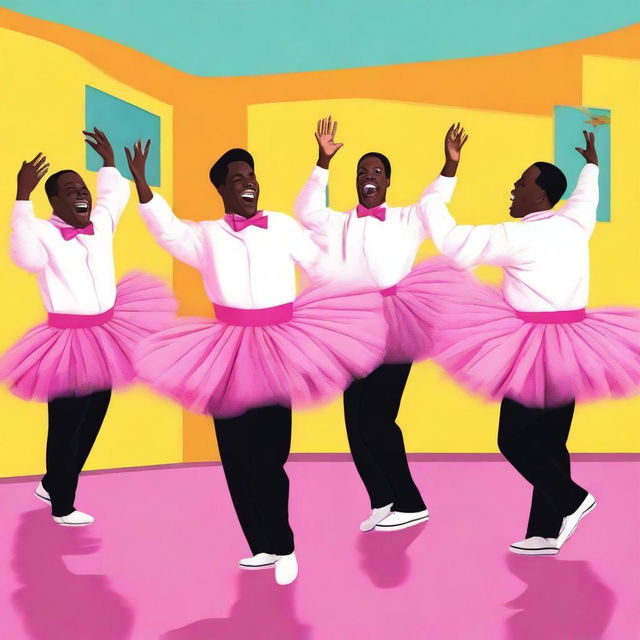 A funny and whimsical scene featuring a group of men dancing in pink tutus