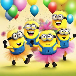 A lively and humorous scene featuring a group of Minions wearing colorful tutus