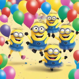 A lively and humorous scene featuring a group of Minions wearing colorful tutus