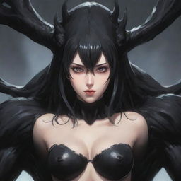 Colossal black monster with an embedded face of a beautiful woman at the center of its chest, visualized in an anime style.