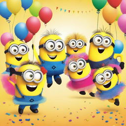 A lively and humorous scene featuring a group of Minions wearing colorful tutus