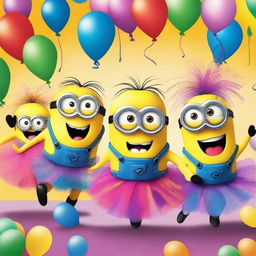 A lively and humorous scene featuring a group of Minions wearing colorful tutus