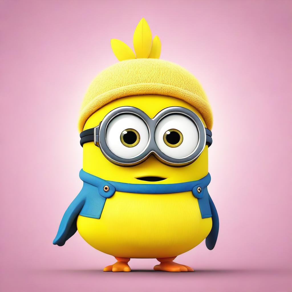 A cute and funny scene featuring a Minion character dressed in a duck outfit