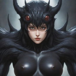 Colossal black monster with an embedded face of a beautiful woman at the center of its chest, visualized in an anime style.