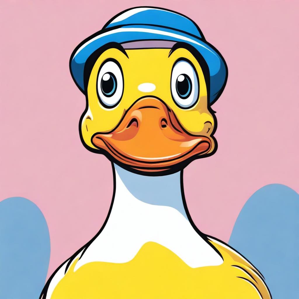 A humorous and cartoonish duck with exaggerated features, such as a large beak and big, expressive eyes