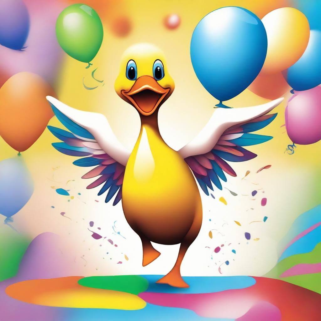 A whimsical and playful scene featuring a duck dancing joyfully