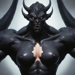 Colossal black monster with an embedded face of a beautiful woman at the center of its chest, visualized in an anime style.