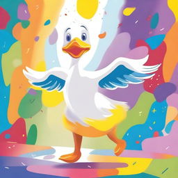 A whimsical and playful scene featuring a duck dancing joyfully