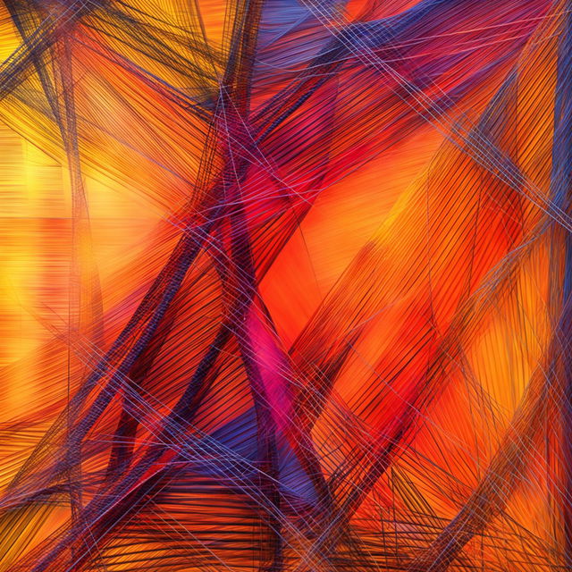 An abstract image with a background of faded blue, yellow, and red colors, overlaid with criss-crossing wires that form an intricate pattern, blending softness and rigidity