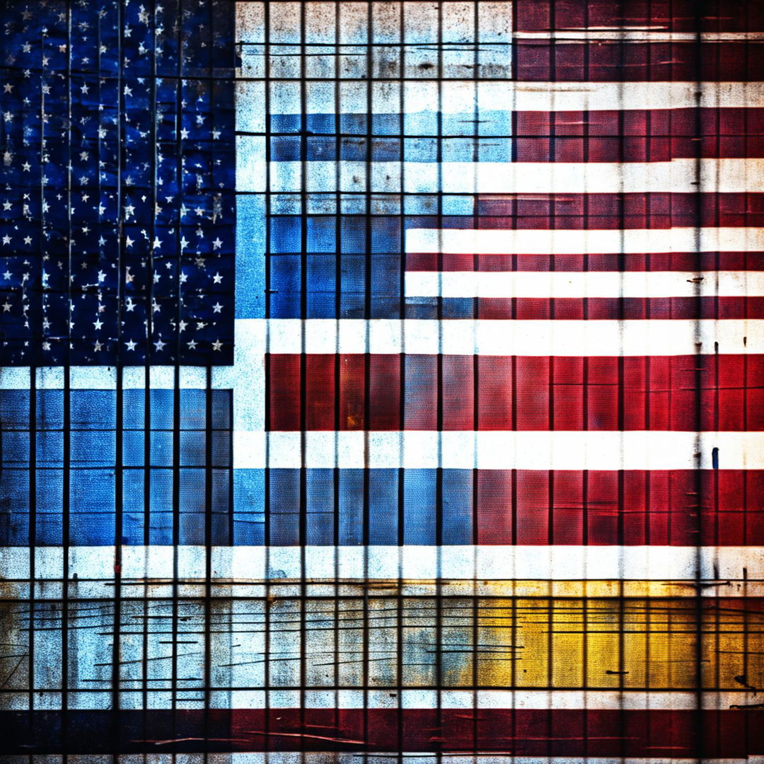 An image featuring a faded, old blue, yellow, and red flag as the background with a detailed, rusted wire cage superimposed, evoking themes of history, confinement, and resilience