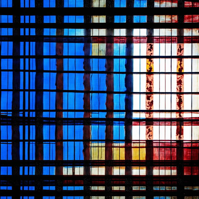 An image featuring a faded, old blue, yellow, and red flag as the background with a detailed, rusted criss-cross wire cage superimposed, evoking themes of history, confinement, and resilience