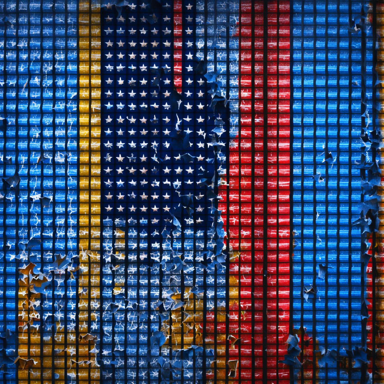 An image featuring a ripped, crumbling, old blue, yellow, and red flag enclosed within a rusted criss-cross wire cage, evoking themes of captivity, resilience, and the passage of time