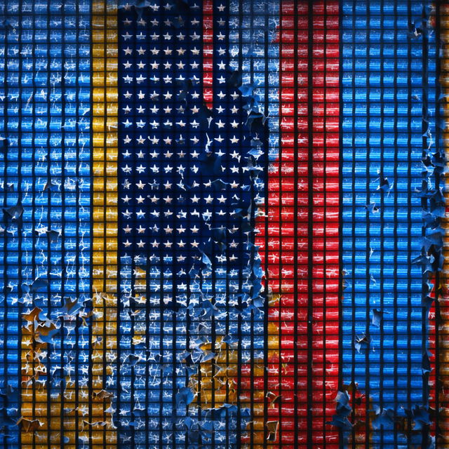 An image featuring a ripped, crumbling, old blue, yellow, and red flag enclosed within a rusted criss-cross wire cage, evoking themes of captivity, resilience, and the passage of time