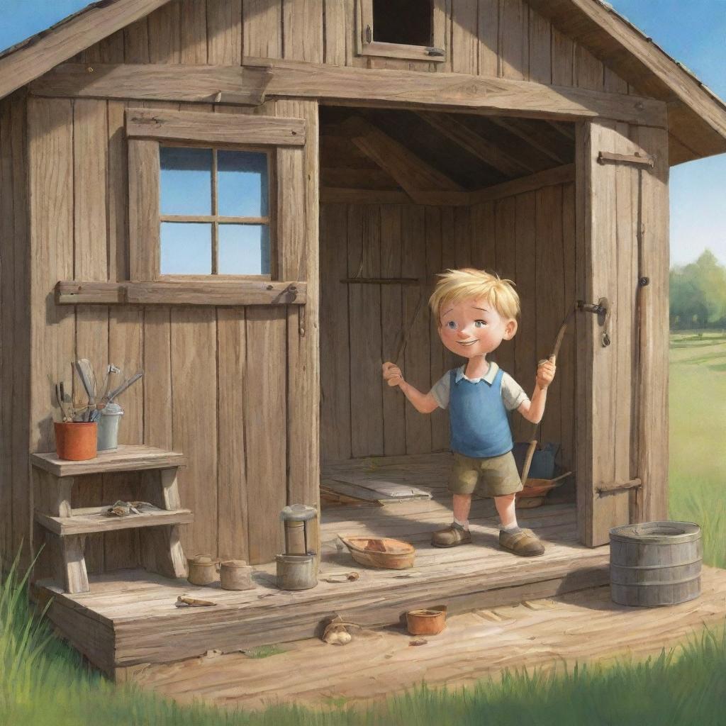 A cartoon-style image of a sunny morning when the character Finn finds a weathered, yet intriguing, old fishing rod stowed inside a charming family shed; designed for an easy, kid's book illustration.