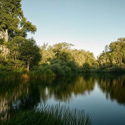 A peaceful landscape with calm water reflecting a clear sky, surrounded by lush greenery.