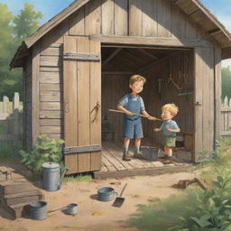 A cartoon-style image of a sunny morning when the character Finn finds a weathered, yet intriguing, old fishing rod stowed inside a charming family shed; designed for an easy, kid's book illustration.