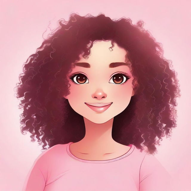 A girl with curly brown hair and pink skin