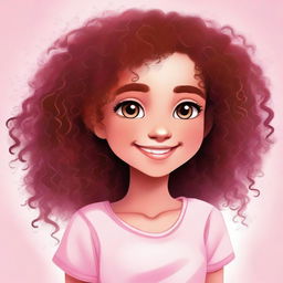 A girl with curly brown hair and pink skin