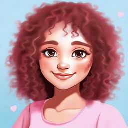 A girl with curly brown hair and pink skin