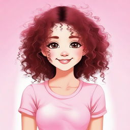 A girl with curly brown hair and pink skin