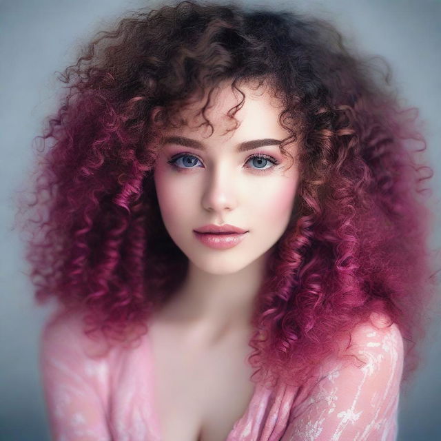 A sexy girl with curly brown hair and pink skin