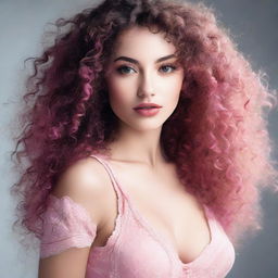 A sexy girl with curly brown hair and pink skin