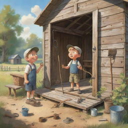 A cartoon-style image of a sunny morning when the character Finn finds a weathered, yet intriguing, old fishing rod stowed inside a charming family shed; designed for an easy, kid's book illustration.