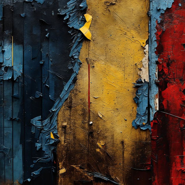 An abstract artwork featuring a ripped, crumbling, and faded blue, yellow, and red background, evoking themes of resilience, decay, and the passage of time