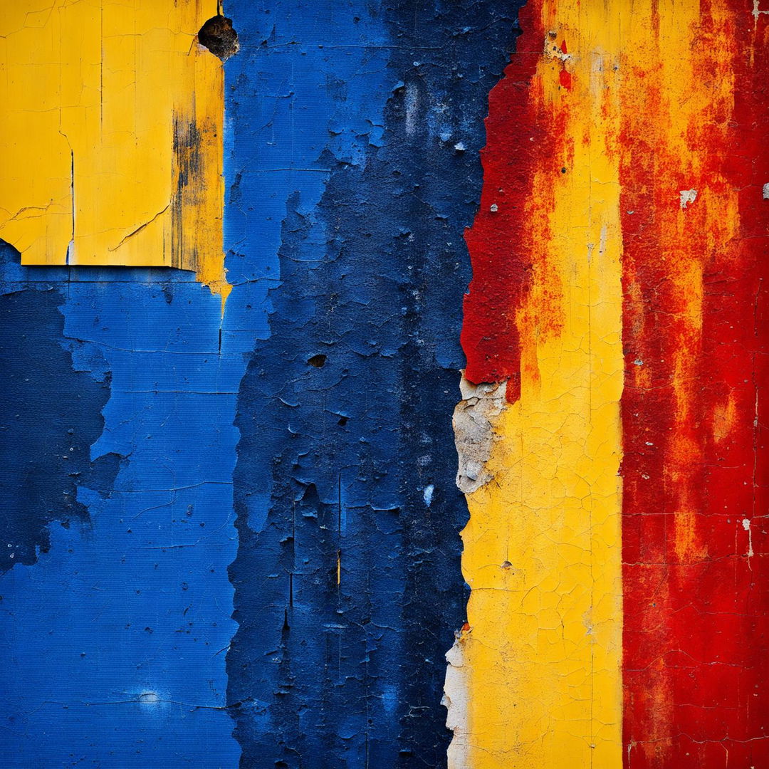 An abstract artwork with a ripped, crumbling, and faded background in blue, yellow, and red, featuring rich textures and a distressed look that evokes decay and transformation