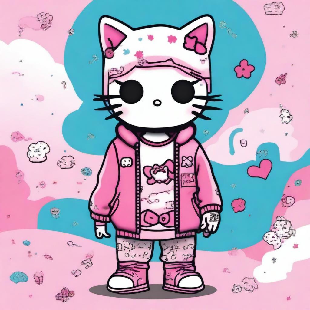 A creative and colorful illustration of Lil Peep transformed into Hello Kitty