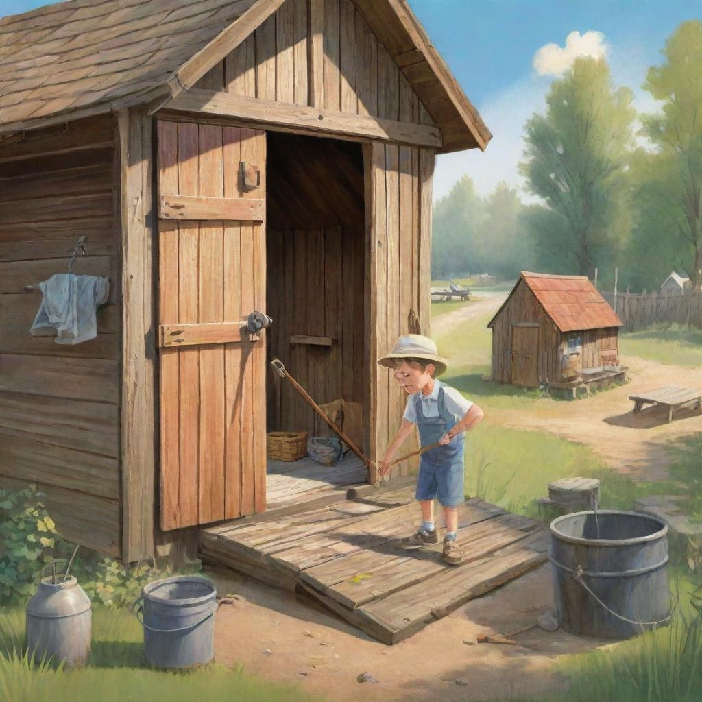 A cartoon-style image of a sunny morning when the character Finn finds a weathered, yet intriguing, old fishing rod stowed inside a charming family shed; designed for an easy, kid's book illustration.