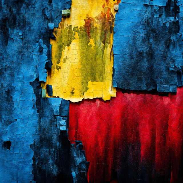 An abstract image with a ripped, crumbling, and faded background in shades of blue, yellow, and red, creating a dynamic and visually striking composition