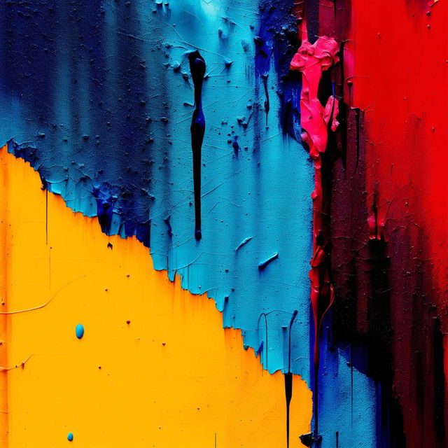 An abstract artwork with a ripped, crumbling, and faded background in blue, yellow, and red colors, featuring a dripping effect and rough texture, creating a dynamic and emotionally evocative composition