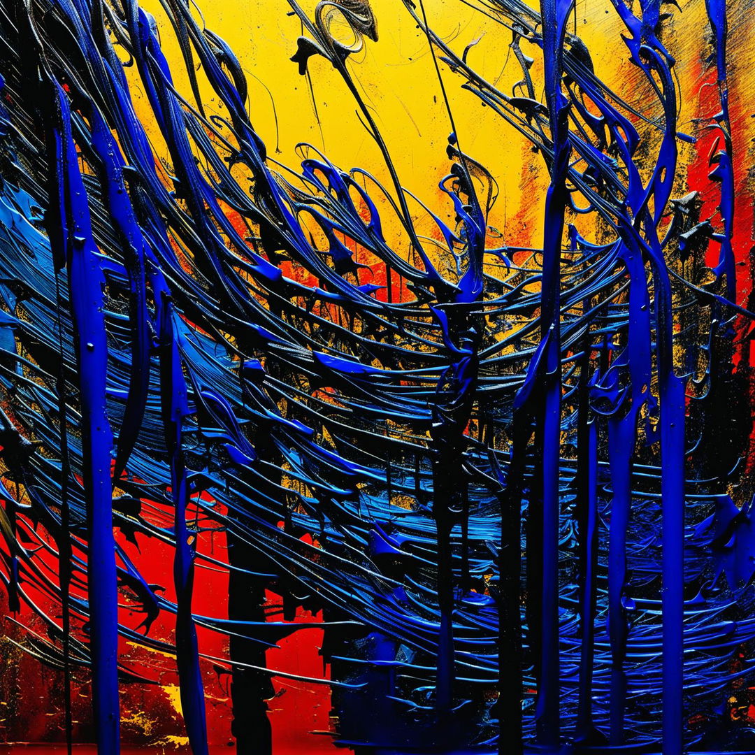 A dark, abstract artwork with a ripped, faded, and dripping background in blue, yellow, and red colors, featuring tangled wires, evoking chaos, decay, and entanglement