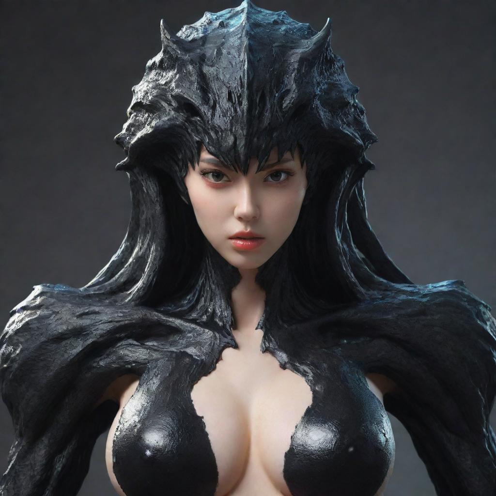 Colossal black monster, unique in that its chest features only the face of a beautiful woman, visualized in anime style.