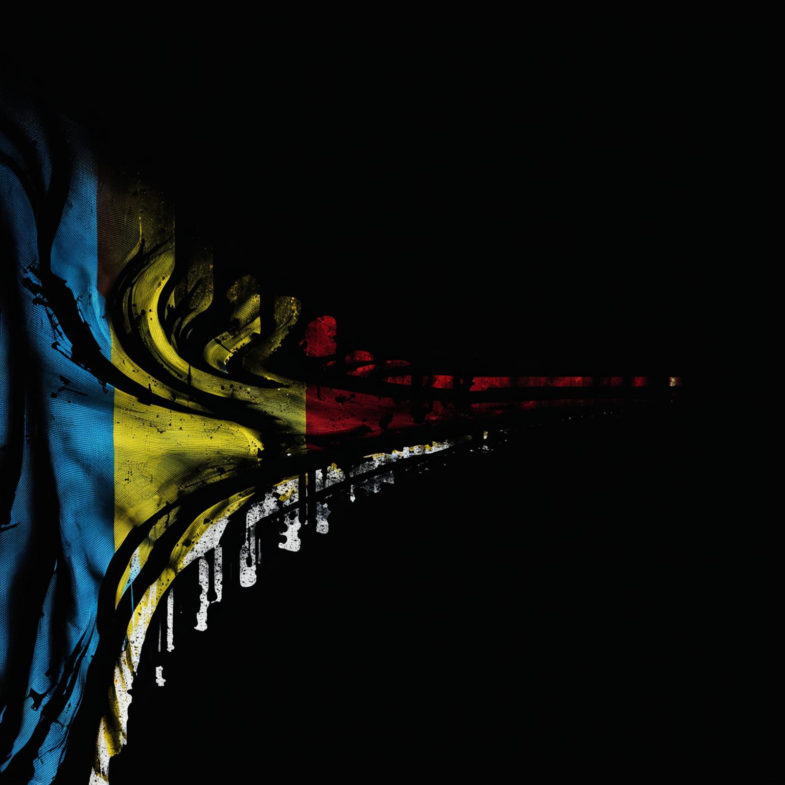 A dark abstract illustration of a ripped, faded old flag in blue, yellow, and red, appearing to be dripping, set against a dark background with swirling patterns