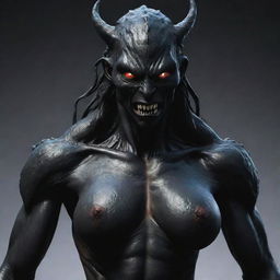 Colossal black monster, unique in that its chest features only the face of a beautiful woman, visualized in anime style.