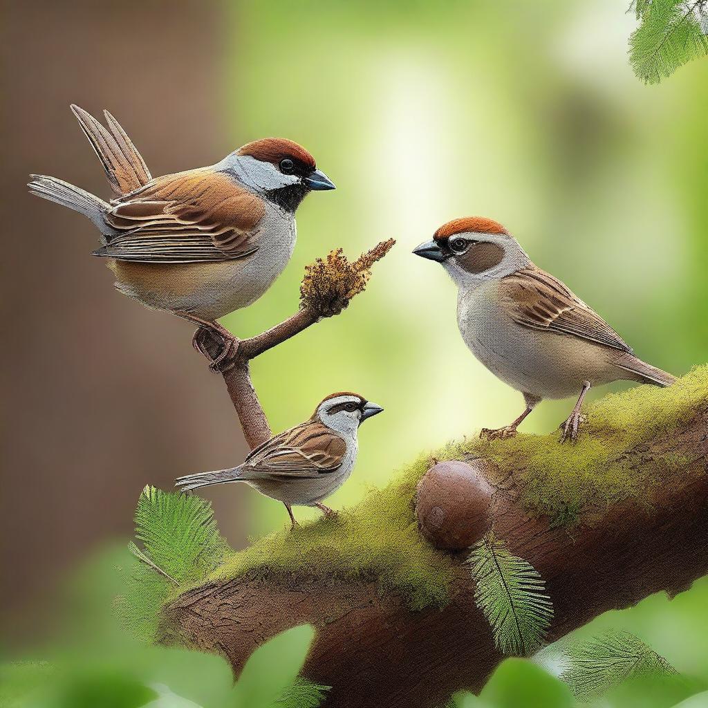 A small sparrow bird helping another animal in a forest setting