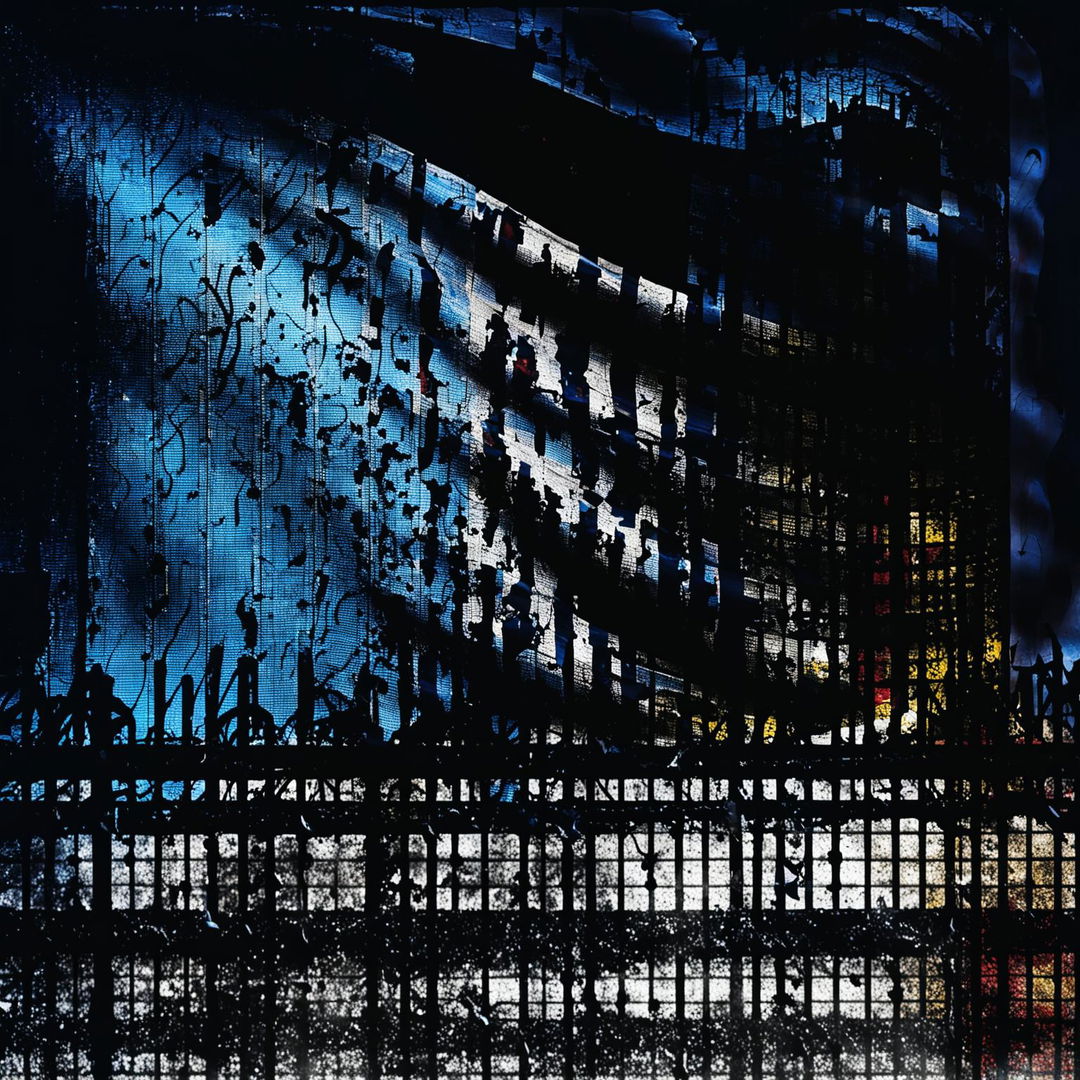 A dark abstract illustration of a ripped, faded old flag in blue, yellow, and red, appearing to be dripping and entangled in a wire fence, set against a dark background with swirling patterns