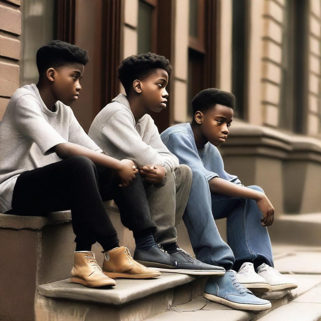 Three teenage black boys sitting on a porch, looking down a Brooklyn, New York street