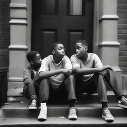 Three teenage black boys sitting on a porch, looking down a Brooklyn, New York street