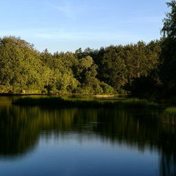 A peaceful landscape with calm water reflecting a clear sky, surrounded by lush greenery.