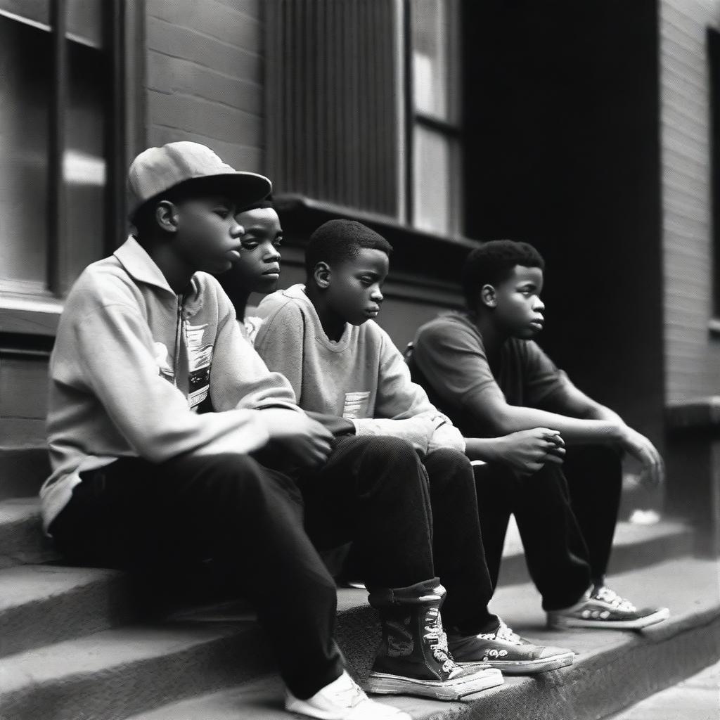 Three teenage black boys sitting on a porch, looking down a Brooklyn, New York street