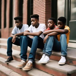 Three teenage black boys sitting on a porch, looking down a Brooklyn, New York street