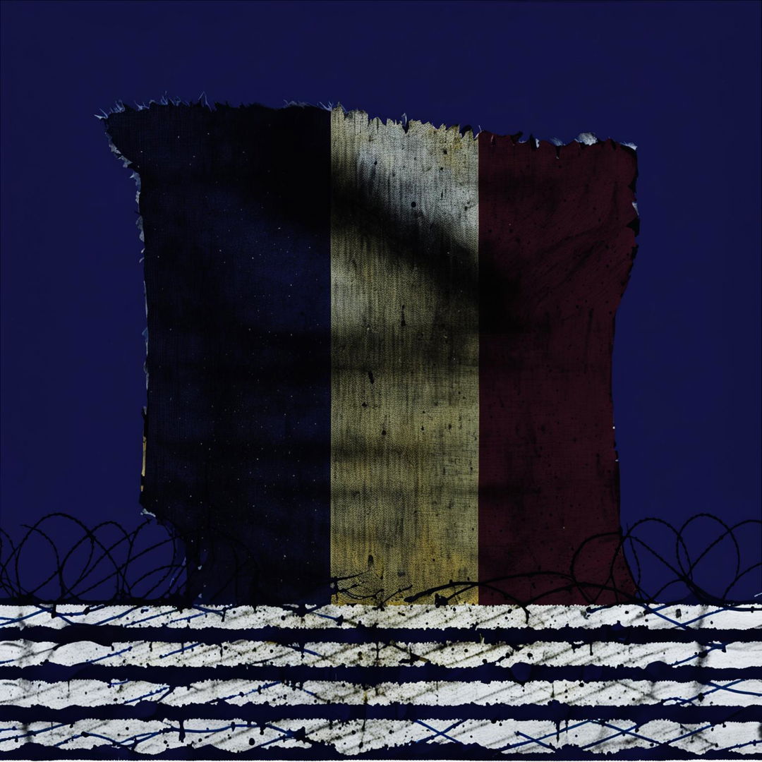 An evocative illustration of a ripped, faded, and dripping Romanian flag hanging from a wire fence against a dark abstract background, conveying a sense of history, resilience, and melancholy